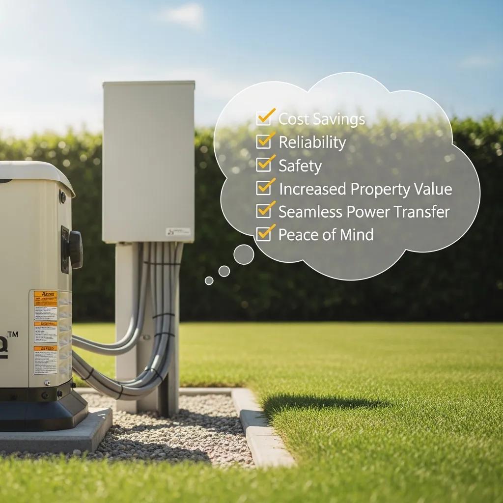 Close-up of a professionally installed generator highlighting benefits like cost savings and reliability