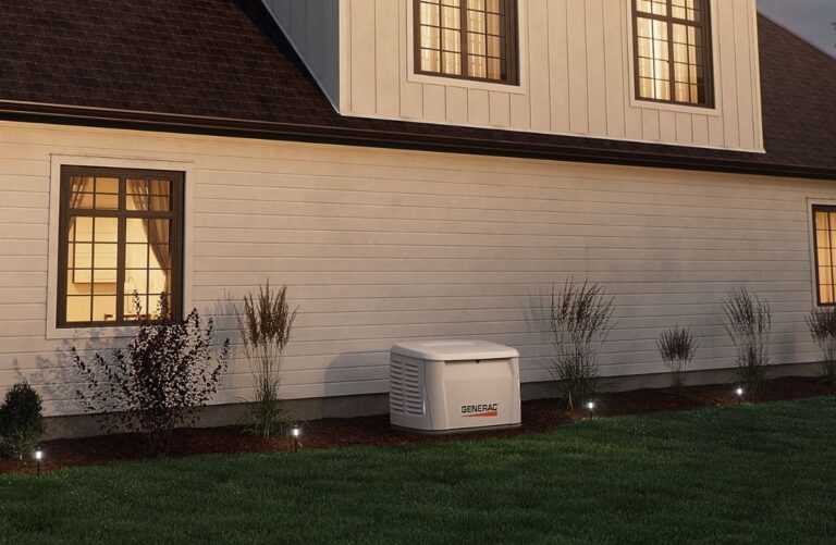 Generac whole-home standby generator outside a Denver, NC home at dusk